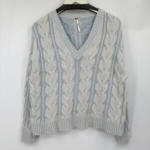 Women's Free People NWT Washed Cable V-Neck Pale Blue Sweater Medium